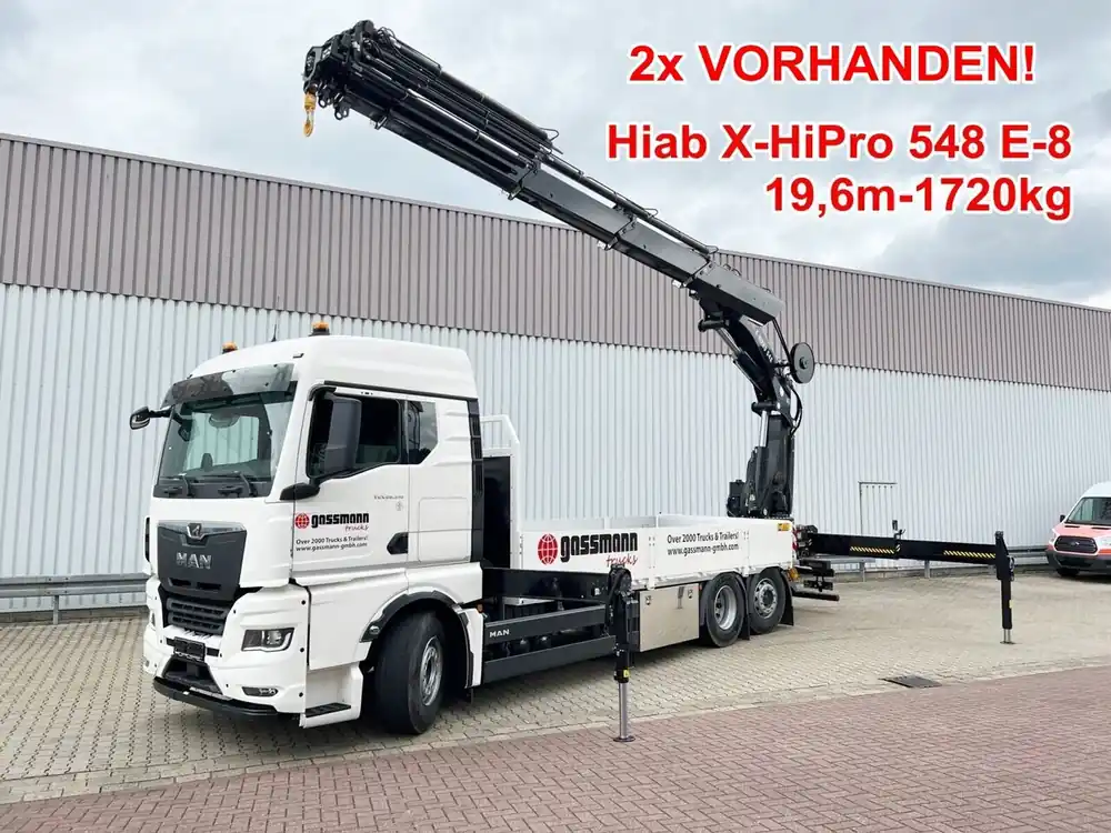 Camion plateau neuf, Camion grue MAN TGX 26.510 6x2-4 LL CH TGX 26.510 6x2-4 LL, Hiab X-HiPro 548 E-8 Kran , Lenk-/Liftachse, TwistLock 20Fuß, Funk, Retarder Nouvel Arrivage