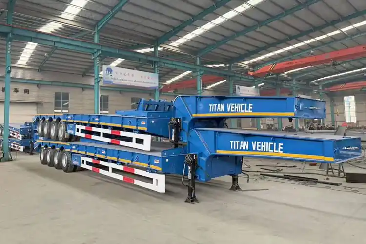 Semi-remorque surbaissé neuf pour transport de équipements lourds TITAN 4 Axle 100 Ton Low Bed Semi Trailer Truck Price with Ramp for Sale in Tanzania Satisfait Ou Remboursé