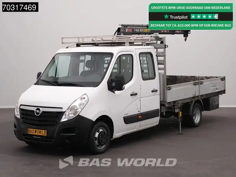 Opel Movano 145PK Kraanwagen Hiab T-CLX 023 B-3 Dubbellucht Open Laadbak 3,5t Trekhaak Airco Cruise Euro6 Pritsche Pickup Open Box Kranwagen Kraan Kran Crane Climatisé Barre de remorquage Régulateur de vitesse Prix Bas